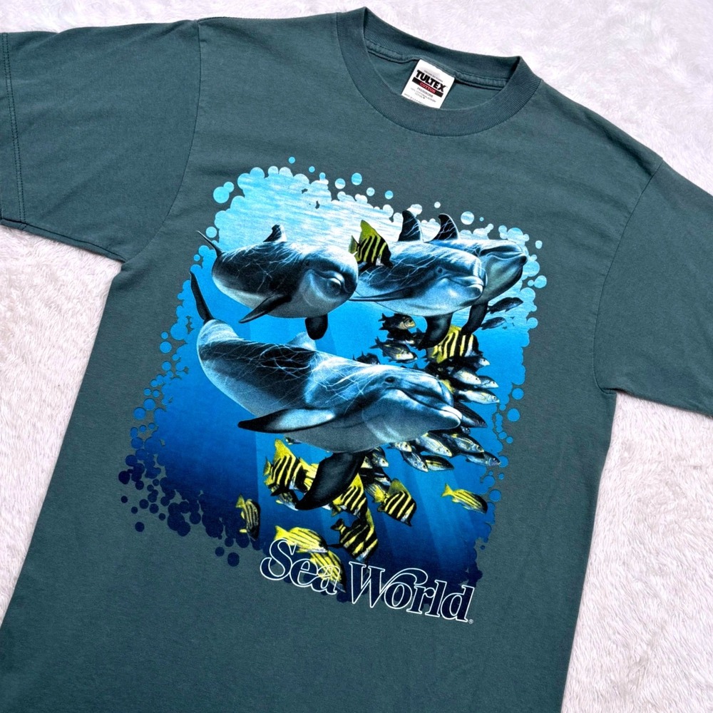 VTG 90s Tultex Sea World T-Shirt M (FIT S)Teal Blue Dolphin Nature Made in USA